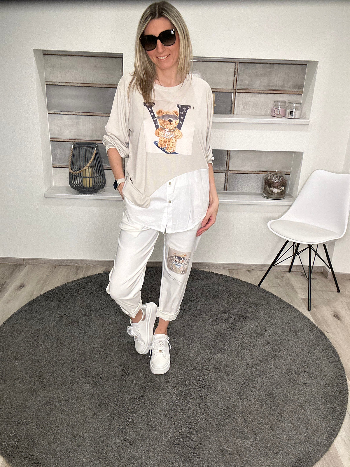 Langarmshirt mit Blusendetails und Bären-Print