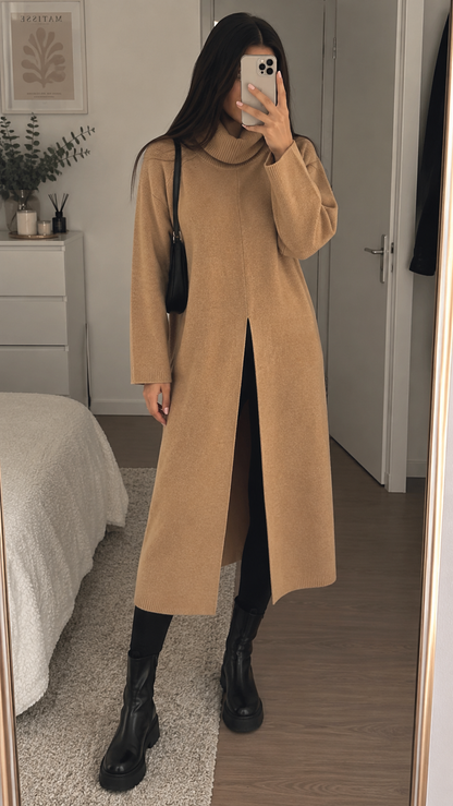 Langer Strickpullover mit Frontschlitz