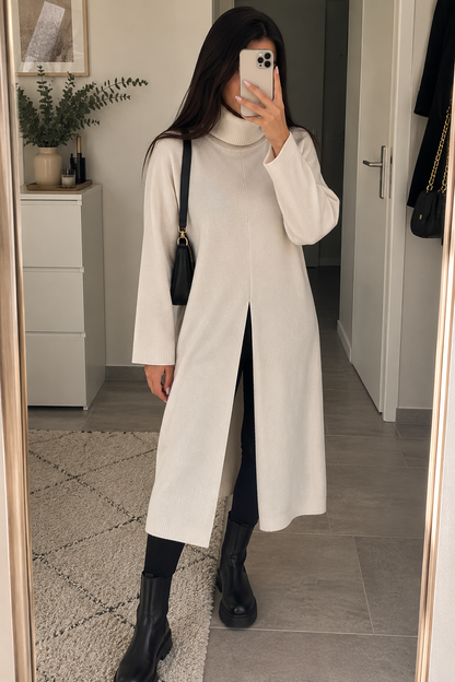 Langer Strickpullover mit Frontschlitz
