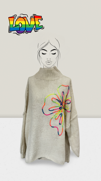 Oversize-Pullover mit bunter Blumenapplikation