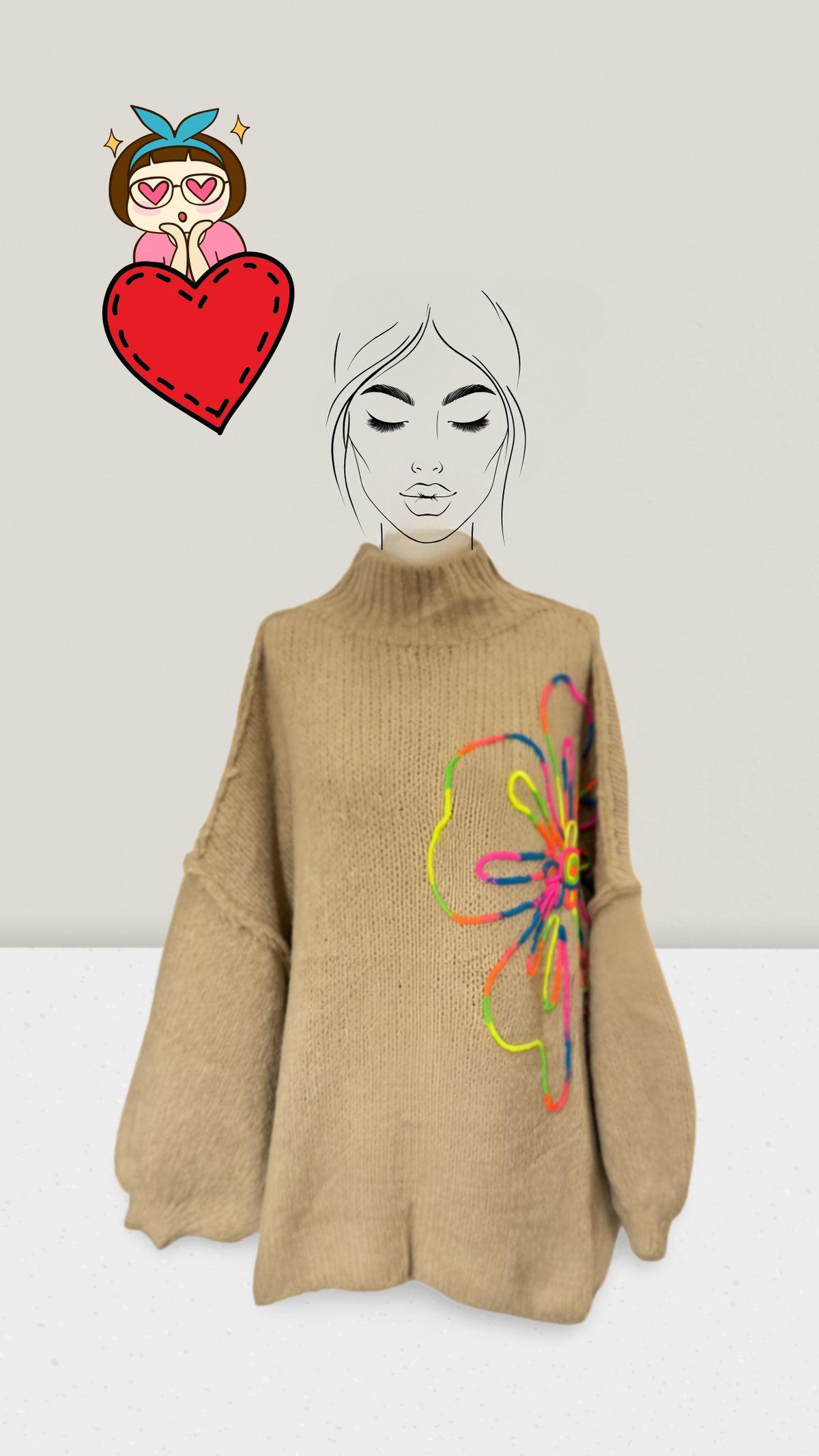 Oversize-Pullover mit bunter Blumenapplikation