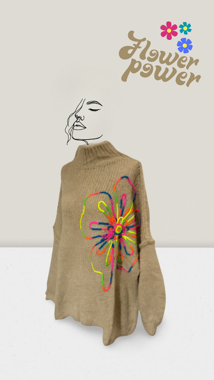 Oversize-Pullover mit bunter Blumenapplikation