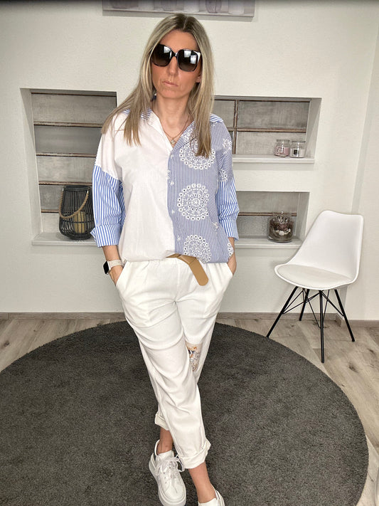 Streifenliebe mit Twist – Bluse im Mustermix! 💙🌀