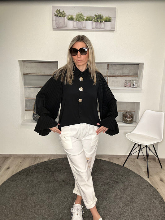 Elegante Bluse mit Plisseeärmeln – Schwarz oder Weiß