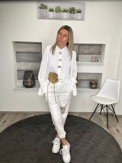 Elegante Bluse mit Plisseeärmeln – Schwarz oder Weiß