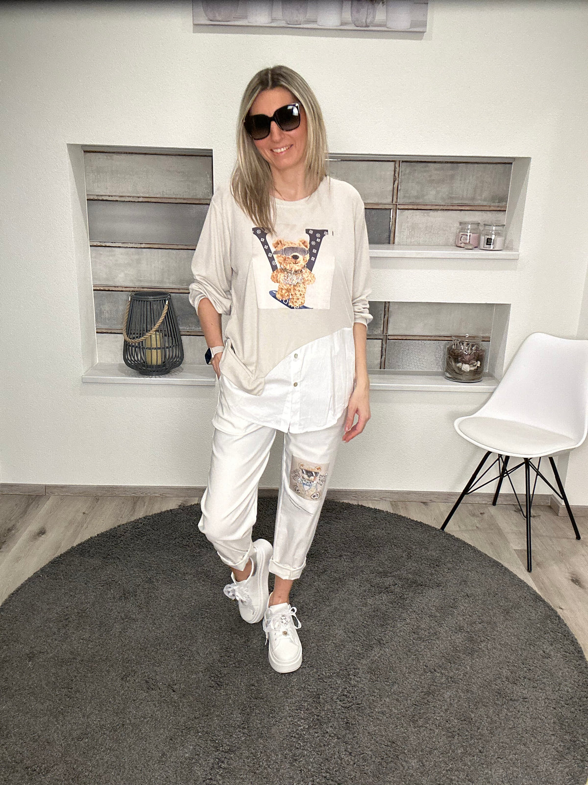 Langarmshirt mit Blusendetails und Bären-Print