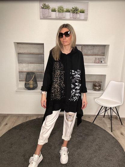 Asymmetrischer Hoodie mit Glitzer & Print! 💫🖤