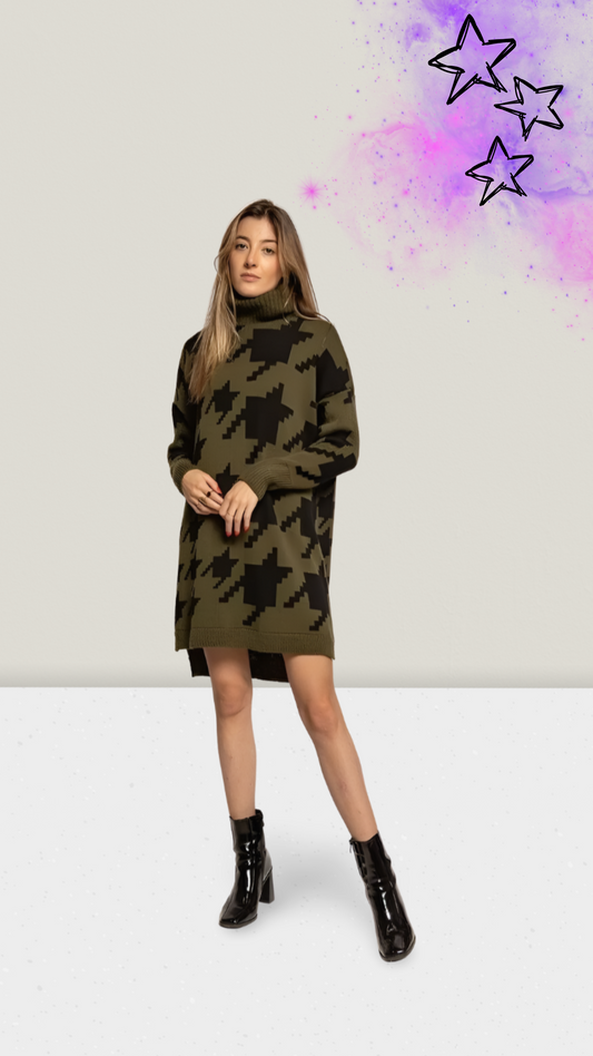 Pulloverkleid mit Rollkragen und Hahnentrittmuster