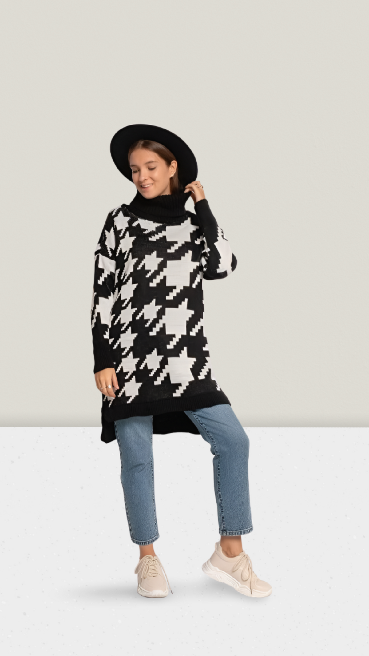 Rolákové svetrové šaty s houndstooth